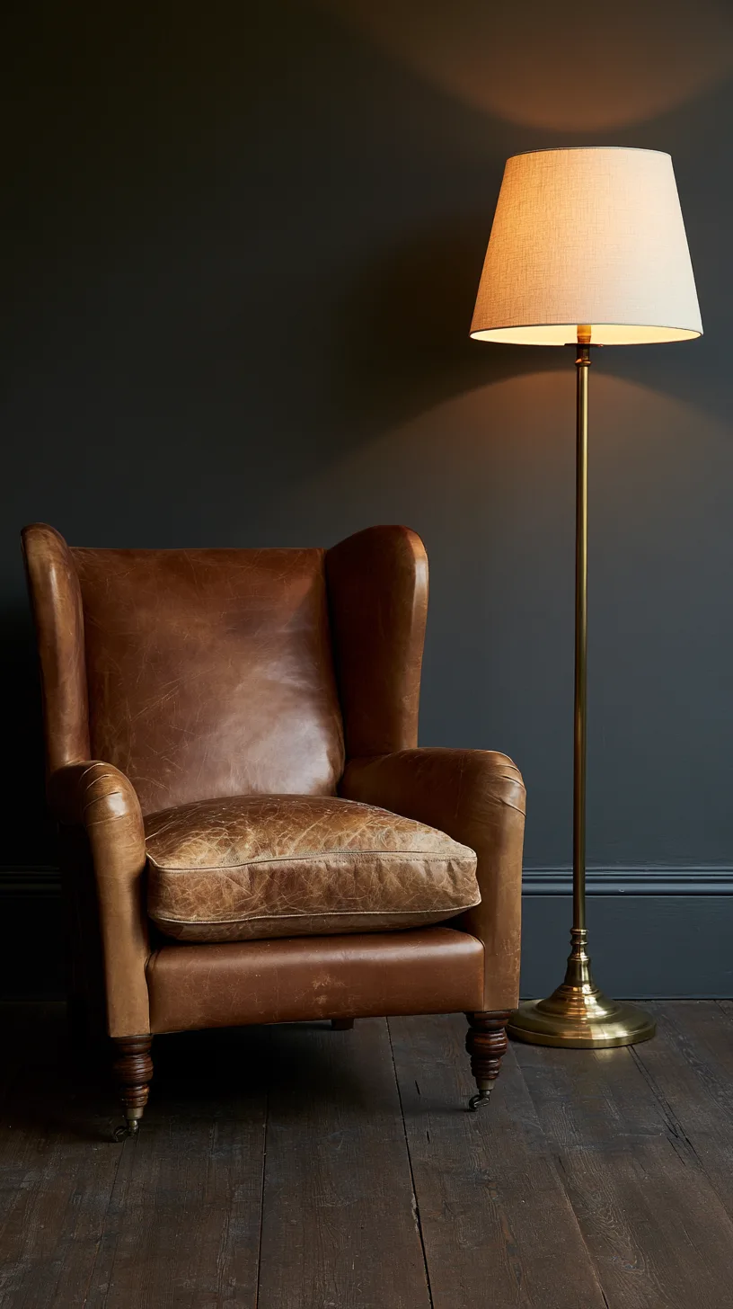 Worn cognac leather wingback armchair beside a lit brass floor lamp with a linen shade, warm light falling across dark floorboards