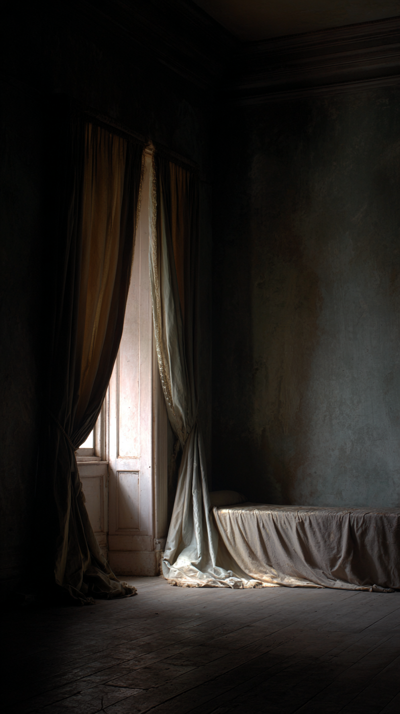 Dark cottagecore bedroom with champagne velvet drapes pooling on the floor and limewashed plaster walls in soft window light