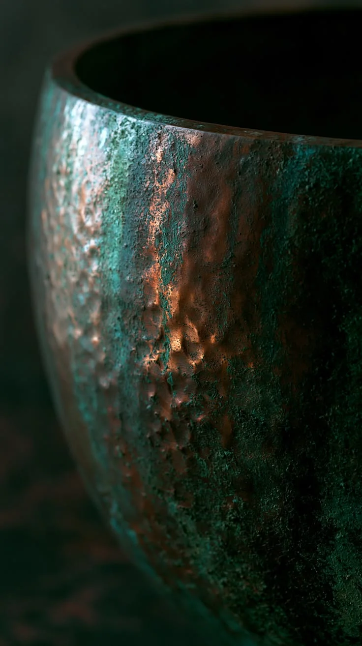 Close detail of a hammered copper vessel with green verdigris patina, warm light catching the hammer marks against a dark background