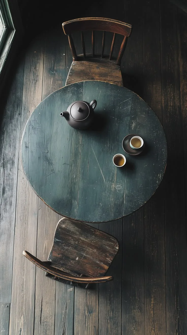 Overhead view of a worn dark green painted table with a black teapot and two cups of tea on scarred wood floorboards in a dark cottagecore kitchen
