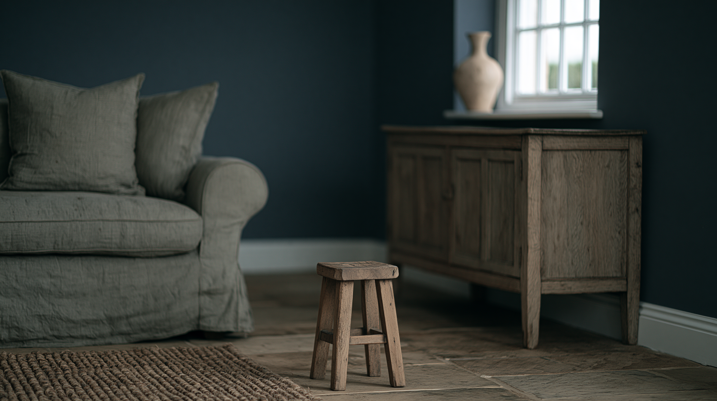 Dark cottagecore living room with navy walls, linen sofa, and oak sideboard in cool daylight