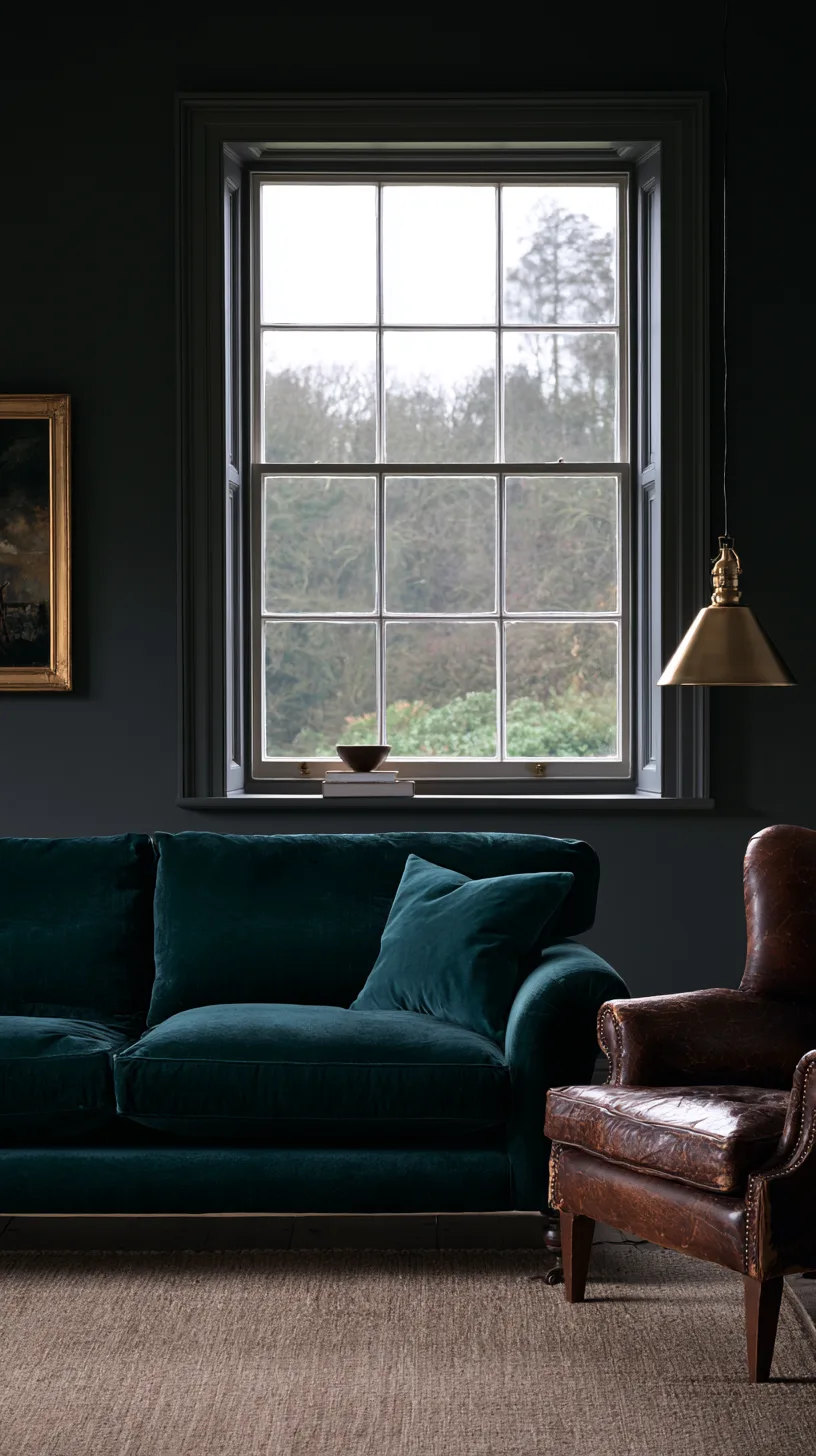Dark cottagecore living room with deep teal velvet sofa, worn leather wingback chair, charcoal walls, and a sash window with a framed painting and brass pendant light