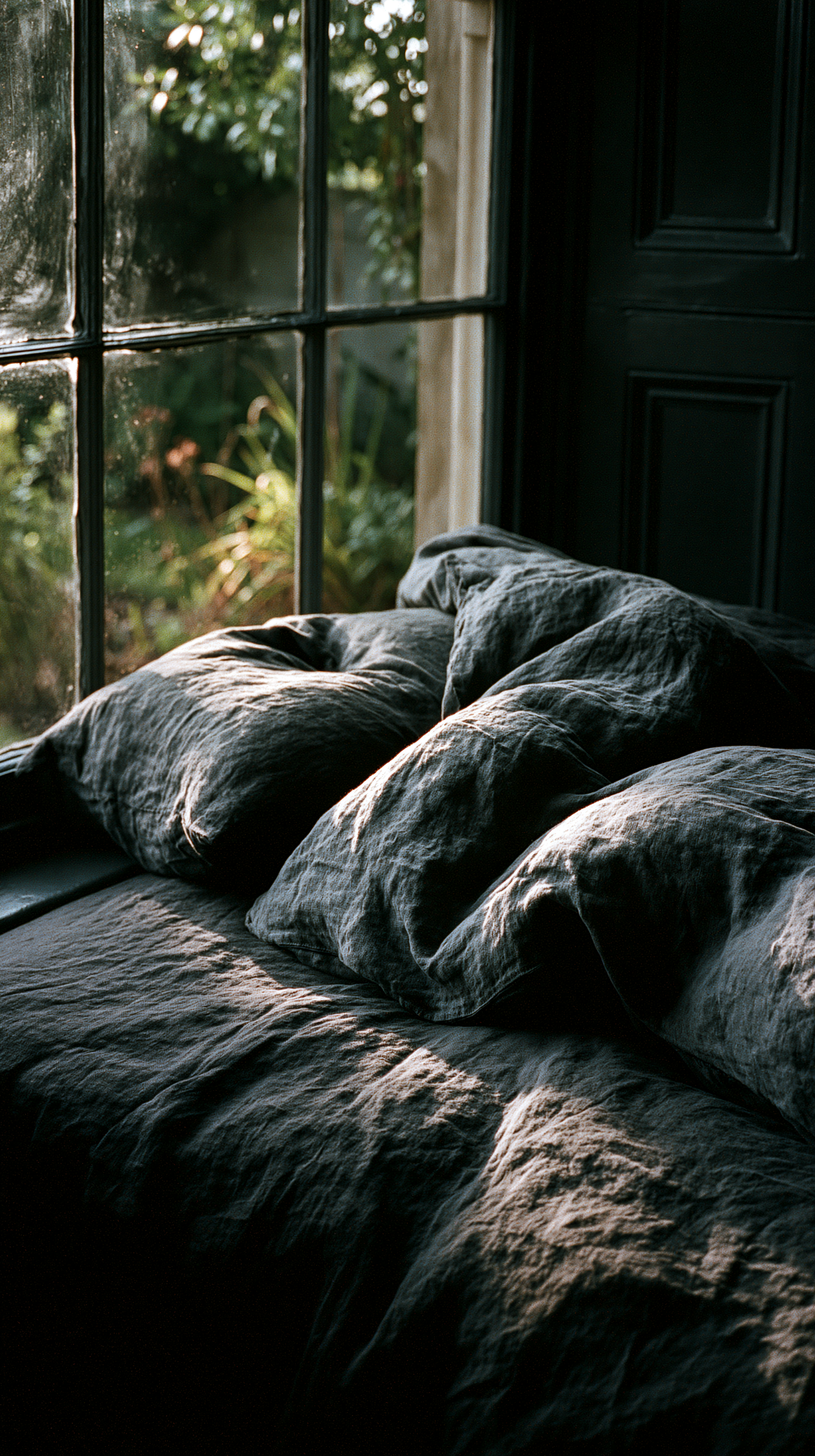 Rumpled charcoal and slate-grey linen bedding piled against a large sash window, garden greenery visible through the glass, morning light grazing the folds