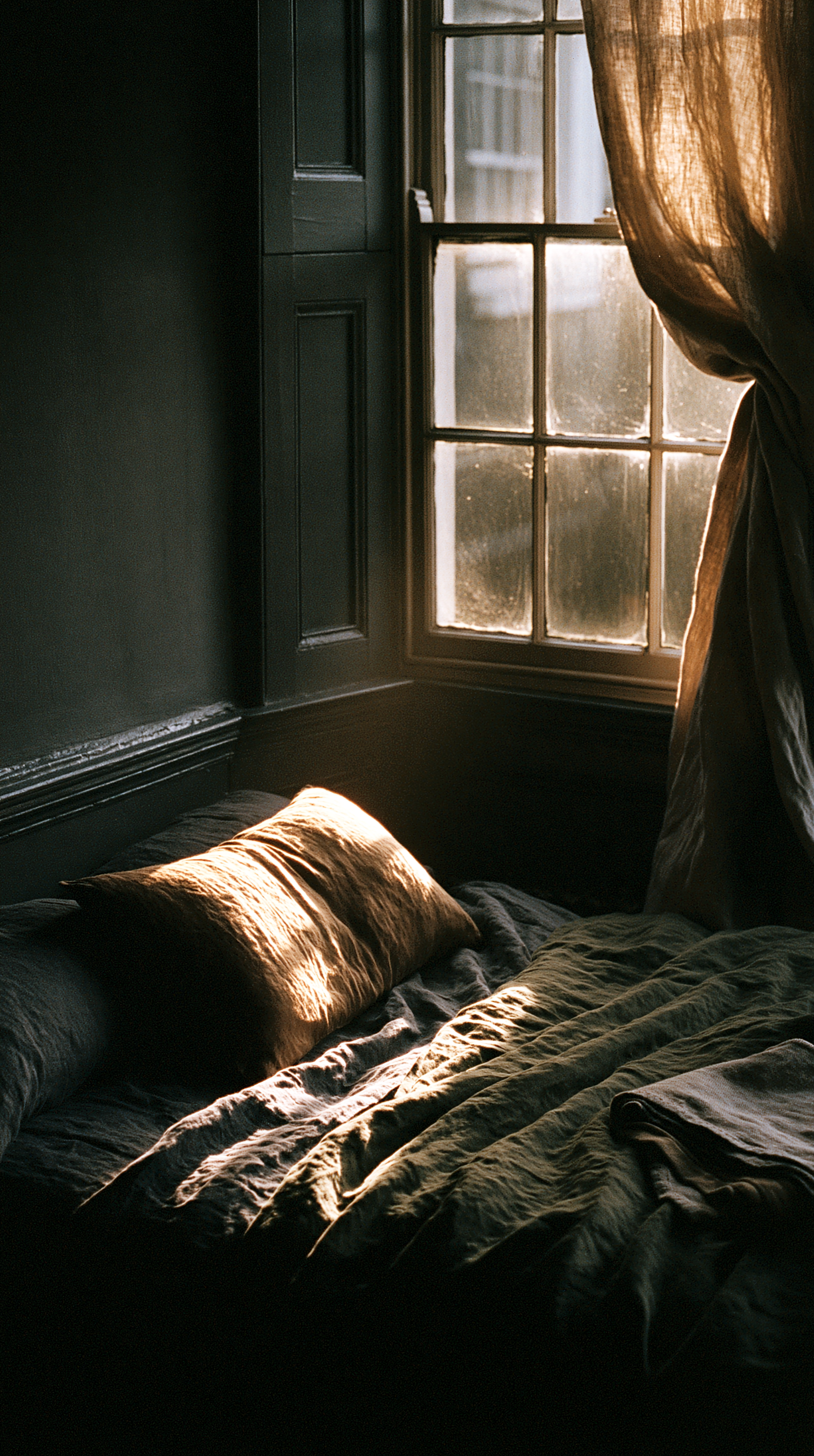 A single warm-toned linen pillow catching late light against dark painted panelling, heavy linen curtain pulled back beside a sash window