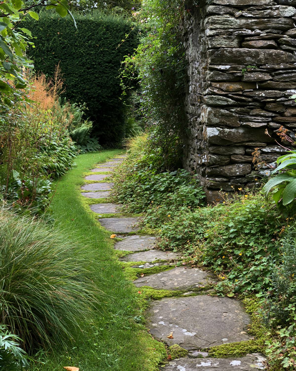 A worn flagstone garden path curving away past a lichen-crusted dry stone wall, moss filling the joints and grass blurring the edges
