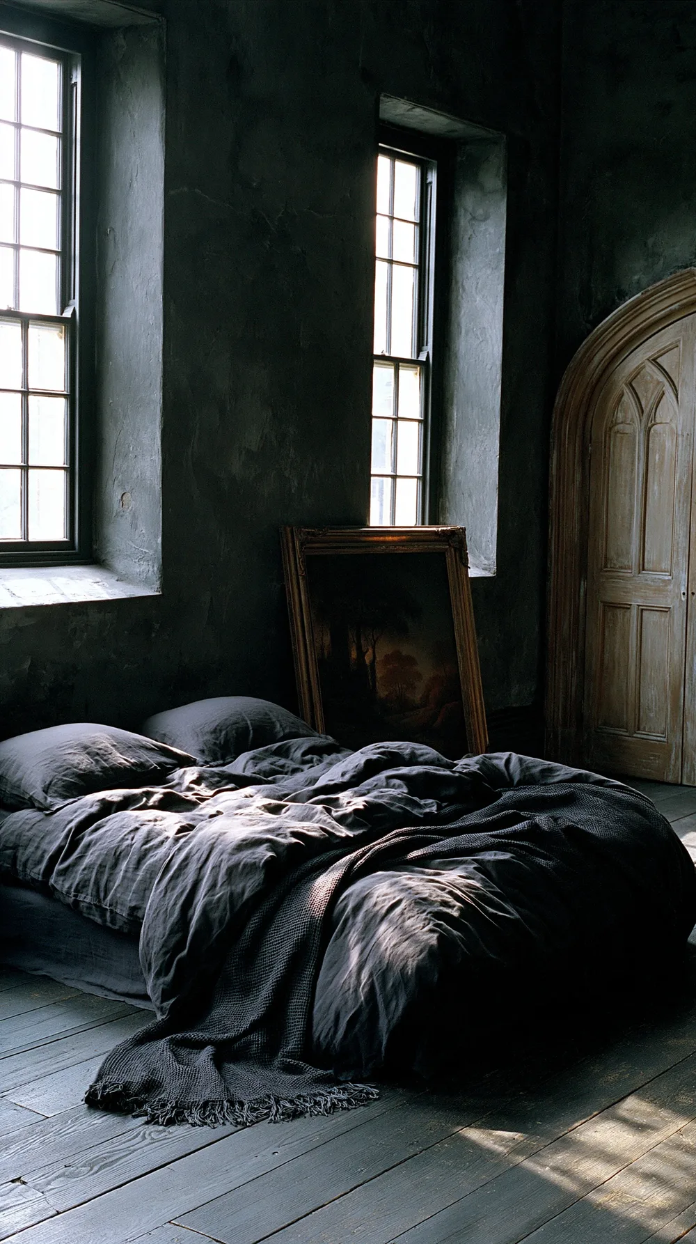 Dark bedroom with charcoal linen bedding, two tall windows, an arched pale wood door, and a gilt-framed painting leaning against a plastered wall