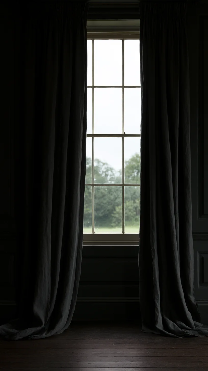 Two heavy charcoal linen curtain panels flanking a tall sash window, pooling on dark floorboards with real trees visible through the glass