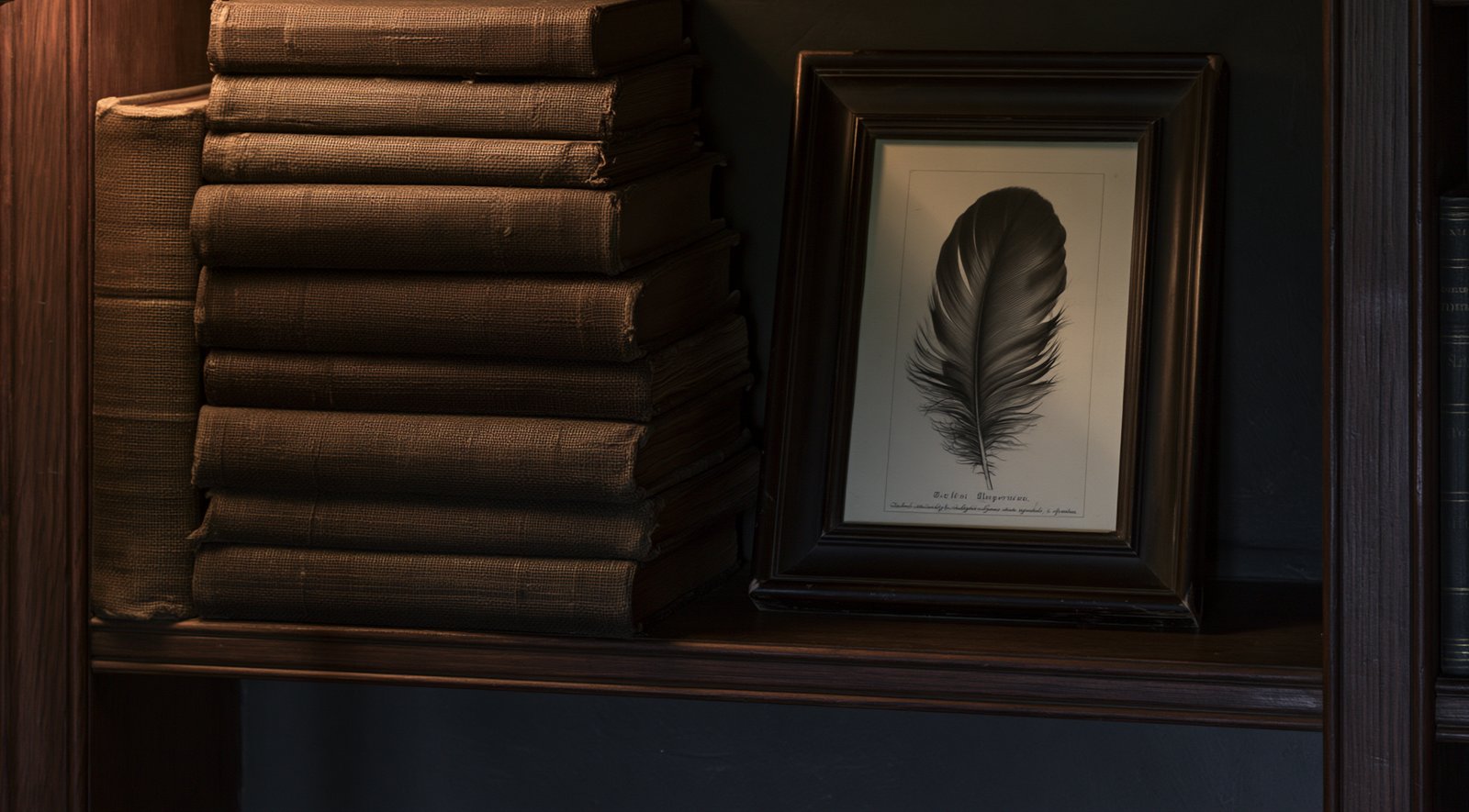 A small dark-framed feather study print leaning against a stack of worn cloth-bound books on a dark wood shelf, lit by warm lamp glow
