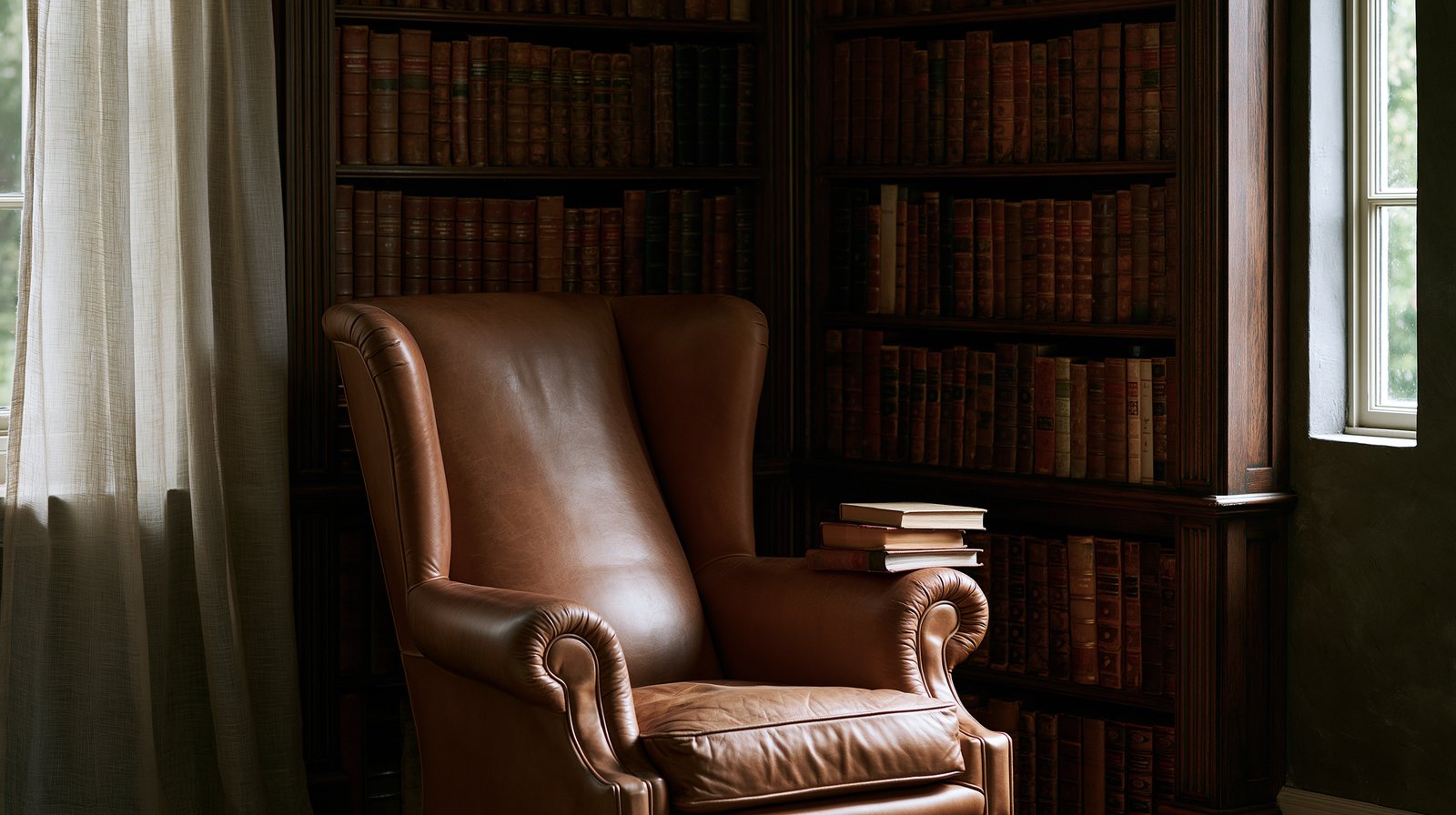 A leather wingback armchair at the end of a run of densely packed dark wood bookshelves, near a curtained window
