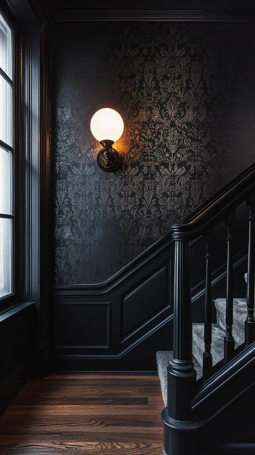 Dark gothic staircase with tone-on-tone black damask wallpaper, painted black wainscoting, turned spindles, and a single glowing globe sconce beside a window