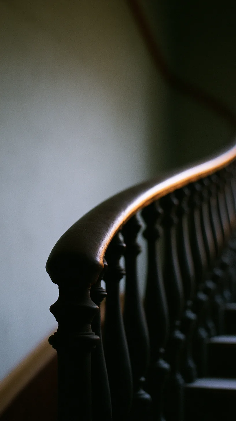 Close view of a curved dark wood banister rail with turned spindles, low light grazing along the handrail on a shadowed staircase