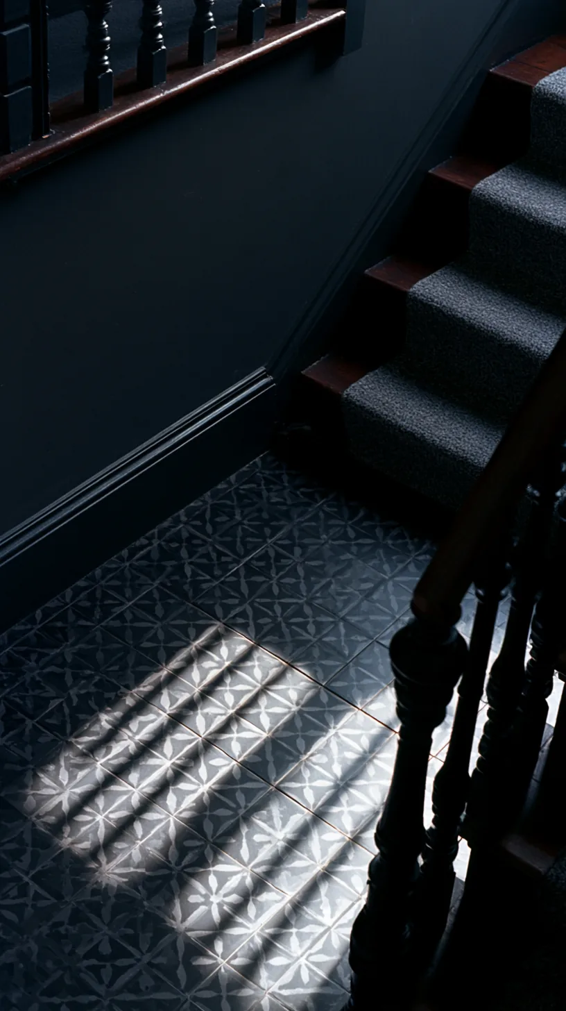 Looking down a dark staircase with grey runner to a patterned encaustic tile hall floor, a window casting a bright grid of light across the tiles