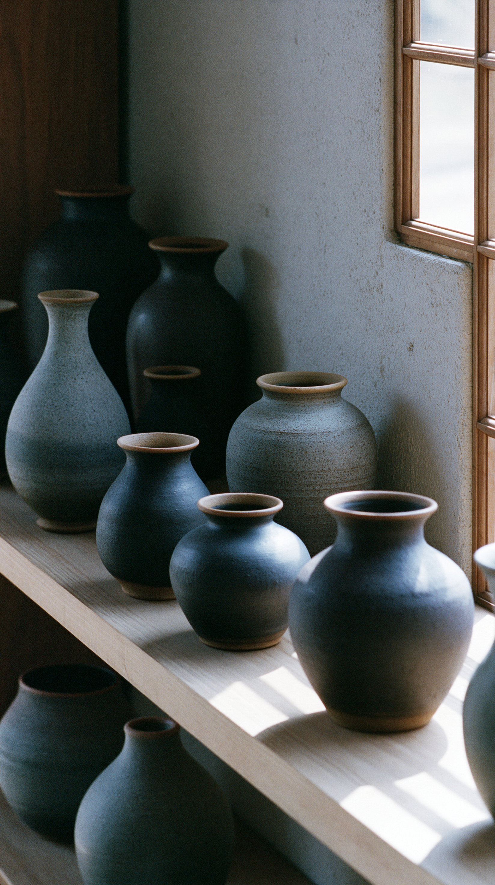 A cluster of dark blue-grey stoneware vases on a wooden shelf, unglazed clay rims exposed, tonal variation from ash-grey to near-black across the group, morning light through a window